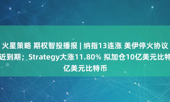 火星策略 期权智投播报 | 纳指13连涨 美伊停火协议临近到期；Strategy大涨11.80% 拟加仓10亿美元比特币